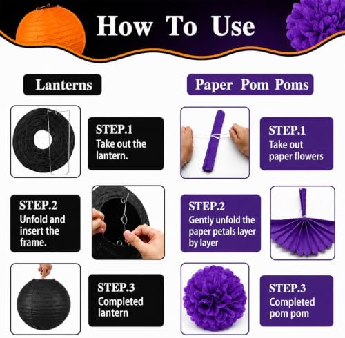 14 Pcs Halloween Party Decorations, Black Purple Orange Pom Poms, Lanterns