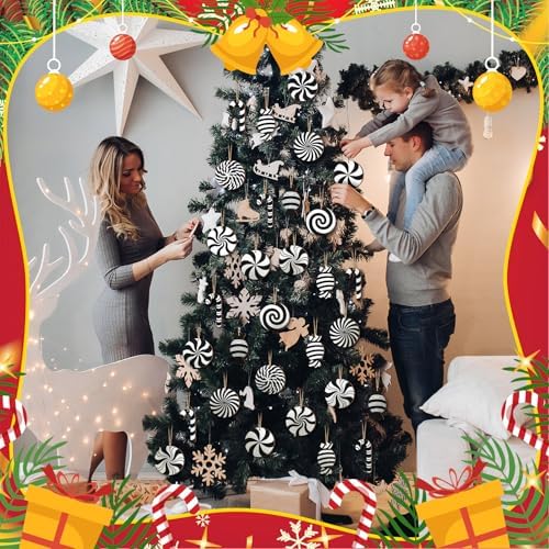 Qunclay 36 Pcs Christmas Candy Hanging Ornaments Wooden Christmas Tree Decorations Black and White Xmas Peppermint Lollipop Ornament Set for Holiday Birthday Party Decoration Supplies Crafts Gifts