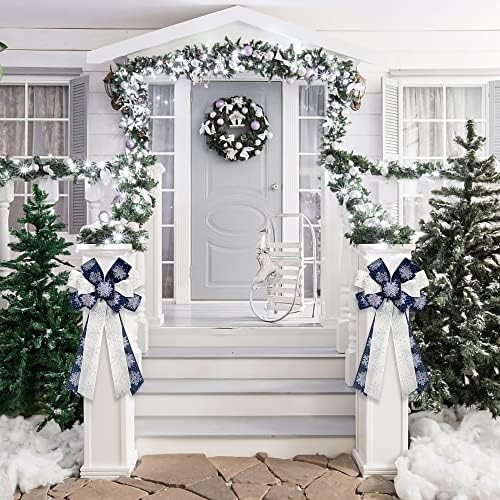 Hying Large Christmas Bow for Wreath, Blue White Cotton Bows for Front Door Wall Fence Decor, Christmas Snow Wreath Bow Tree Topper Bow for Winter Christmas Party Decoration Supplies