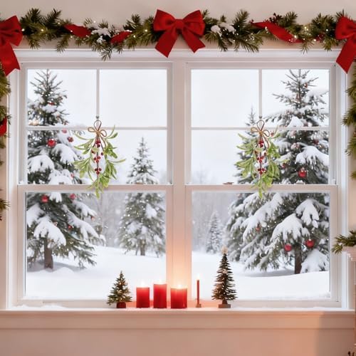2 Pcs Frosted Mistletoe Hanging Decorations, 10.6'' Artificial Mistletoe Ornament Hanging Kissing Ball with Berry for Christmas Winter Holiday Decor (2, Red)