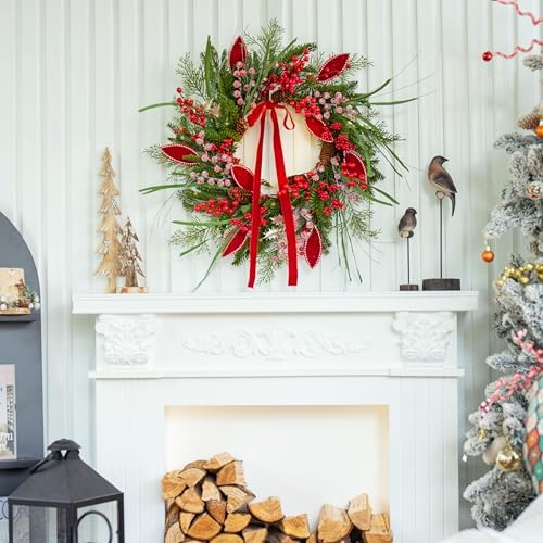 Christmas Wreath with Lights,Outdoor Pre-lit Christmas Wreaths for Front Door-24 Inch Xmas Door Wreath with Pine Needles Pine Cones and Red Berries- Farmhouse Home Christmas Decorations