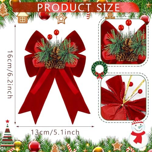 Syhood 6 Pcs Christmas Bows Xmas Velvet Bows Tree Decor, Burgundy Red