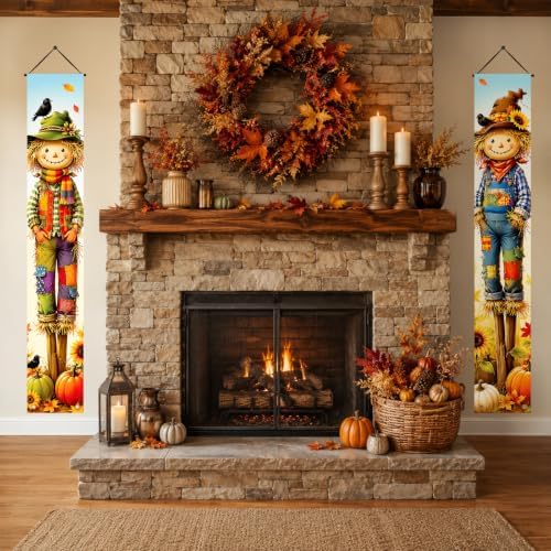 2 Fall Scarecrow Porch Banners 71 x 12 Inch Thanksgiving Door Decorations