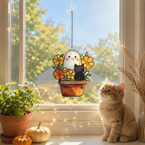 Cute Black Cat Ghost Fall Halloween Suncatcher, Black Cat & Ghost in Flower Pot Decorative Hanging Ornaments, Stained Glass Style Acrylic Halloween Ornaments, Autumn Home Window Hanging Decor