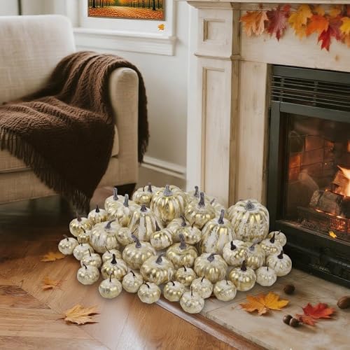 winemana 46 Pcs Artificial Gold Pumpkins Fall Decorations for Home