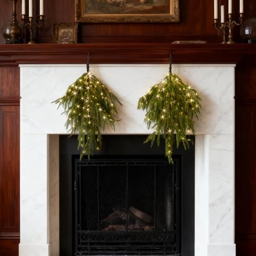 Hairui Lighted Christmas Teardrop Swag with Timer 96 LED Fairy Lights, Norfolk Pine Branch Lights 22IN Battery Operated for Home Wall Fireplace Mantle Xmas Decoration Indoor Outdoor