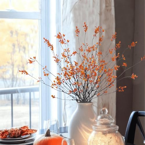 4 Pcs Artificial Greenery Stems Plants 35.4" Faux Branches for Vase Filler Fake Ficus Twig Plants Orange Leaves for Home Office Party Wedding Shop Autumn Fall Decoration