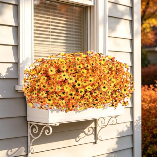 12 Pcs Artificial Fall Flowers for Outdoors, UV Resistant Fake Mums Porch