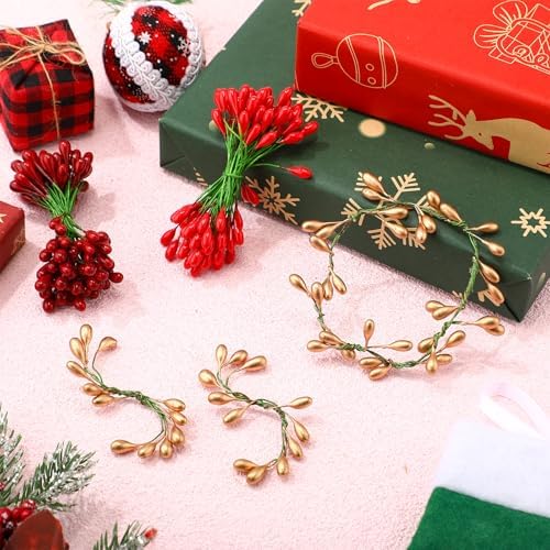 BBTO 300 Pcs Holly Berries 150 Wire Stems Xmas Wreath,Dark Red,Red,Gold