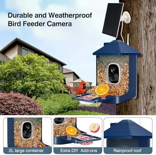 Bird Feeder with Camera Solar,2K HD Live Video Outdoors,Smart AI Identify (Blue-1)