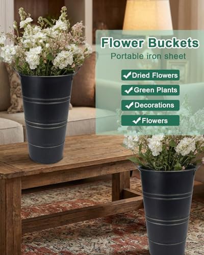 12 Inch Galvanized Metal Vase, 2 Pack Tall Flower Buckets with Handles