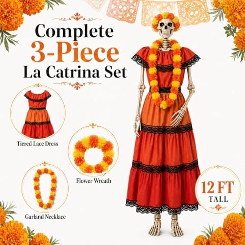 3 Pcs La Catrina Costume Set for 12 Ft Skeleton Day of the Dead Decor