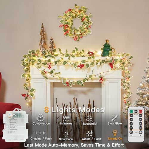 suddus String Light with Red Berries&Holly Leaf Battery Powered Copper Wire