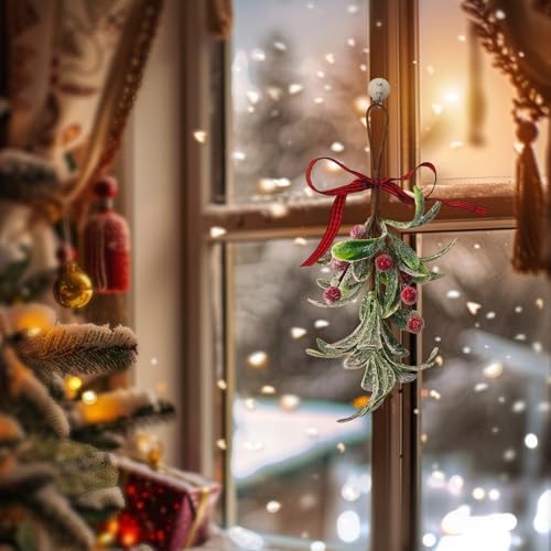 2PCS Christmas Mistletoe Ornament, Snow Flocked Mistletoe Hanging Bunch