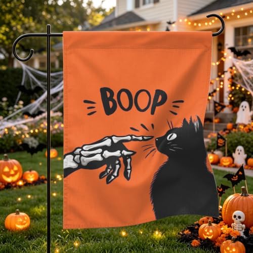 Halloween Garden Flag 12×18 Inch Black Cat Double Sided Linen Yard Flag