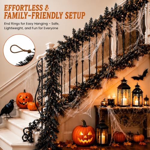 6FT Black Halloween Garland, Spooky Cedar Hanging Vine with Spiders and Web