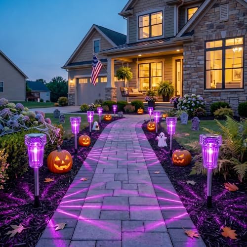 Halloween Solar Lights Outdoor Waterproof Purple Landscape Lights, 8 Pack