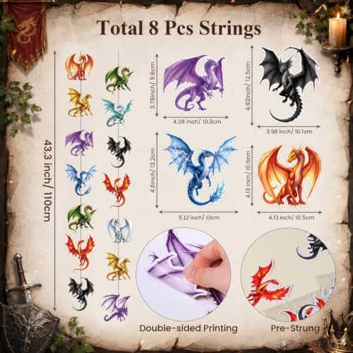 Xinnun 8 Pcs Dragon Party Decorations Dragon Hanging Banners Garland