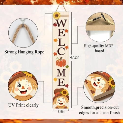 Fall Welcome Sign for Front Door, 47" Thanksgiving Scarecrow Porch Decor
