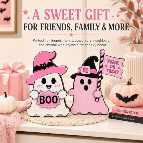 2pcs Ghost Pink Halloween Decor, Trick or Treat Wooden Plaque (Cute Ghost)