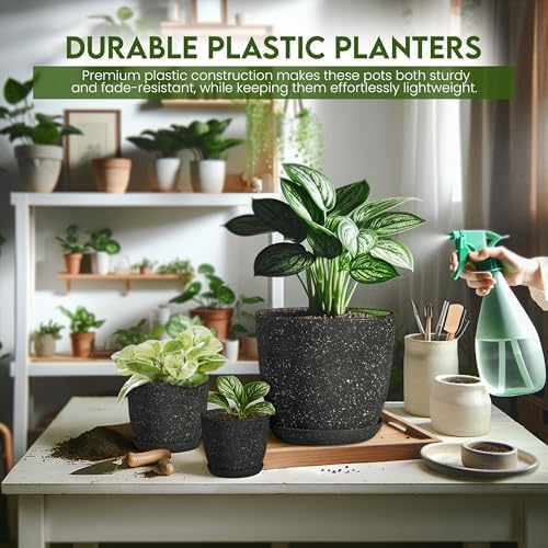 Plant Pots Indoor with Drainage 5 Pack Multi-Size Planters Set Spotty Black