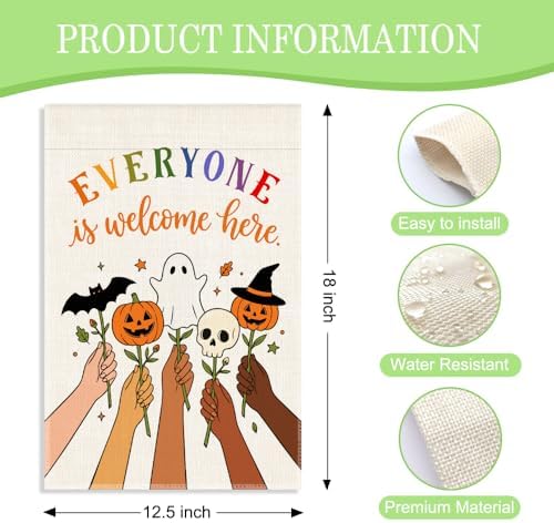 Everyone Is Welcome Here Garden Flag 12x18 Inch Double Sided, Inclusive Pumpkin Ghost Skull Yard Flag, Fall Outdoor Porch Decor, Diversity Kindness Gifts for Neighbor Friend LGBTQ Supporter