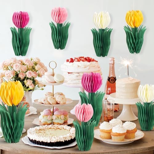 SUNBEAUTY 8 PCS Flower Honeycomb Decor Tulips Table Centerpieces Spring Decoration for Home Office Paper Flower Tulip Honeycomb Decor for Garden Party, Mother's Day Decoration