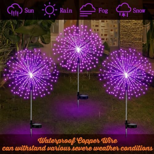 Tujoe 4 Pack Halloween Outdoor Decoration Solar Firework Lights,Purple