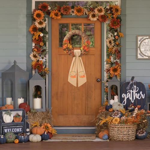 2 Pcs Fall Wreath Sash for Front Door Embroidery Monogram Pumpkin Ribbon Sash for Fall Thansgiving Yard Porch Decor (Letter S)