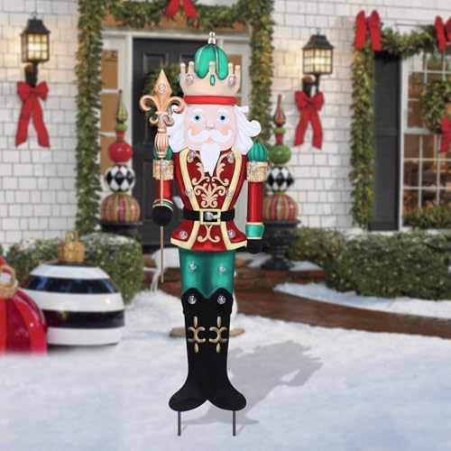 Afirst Christmas Yard Stakes Lighted Up Metal Christmas Yard Decorations LED King Nutcracker with Crown Scepter Lighted Stakes Outdoor Xmas Stake Lawn Pathway Outdoor Decoration