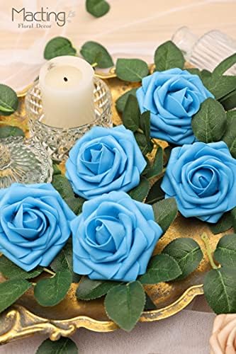 30PCS Dark Teal Blue Artificial Roses with Stems, Real Touch Foam Flowers
