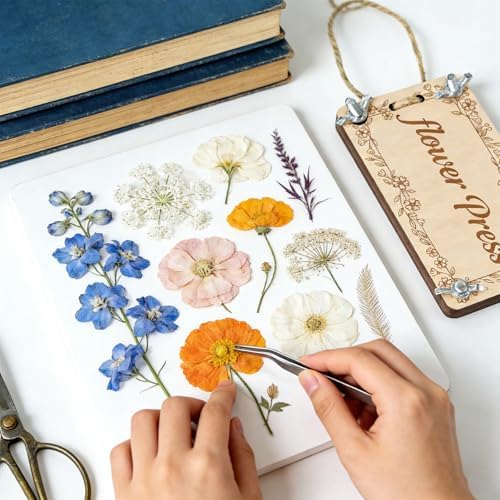 Mini Flower Press Kit - 4 Pack Small Wooden Press for Real Flowers, Includes Blotting Papers & Organza Bags, Pocket Portable DIY Plant Preservation Art Gift for Women, Girls & Plant Lovers (Rectangle)