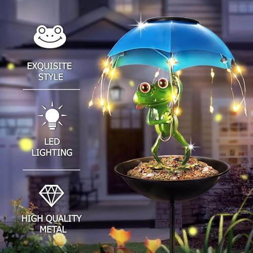 Solar Bird Feeder Frog Garden Decor, Outdoor Solar Lights Frog Figurine Lights with Umbrella, Hummingbird Feeder Decorative Path Lights Gardening Gifts for Women, Yard Art Ornament Bird Feeder