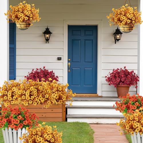 RECUTMS 12 Bundles Faux Mums Fake Fall Flowers Artificial Outdoor Plants