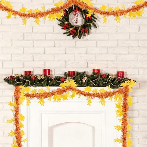 33FT Christmas Tinsel Garland, Red Yellow Metallic Twisted Tinsel Garland with Gingerbread Man Ornaments Shiny Xmas Hanging Decoration for Christmas Tree Wedding Birthday Home Party Supply