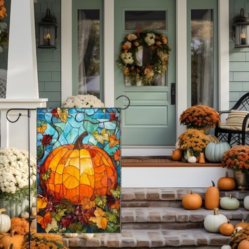 Fall Garden Flag For Outdoor Decor Thanksgiving Garden Flags Autumn Stained Glass Pumpkin Maple Leaf Double Sided Small Burlap Outside Porch Lawn Yard Flags Decorations 12.5x18 Inch