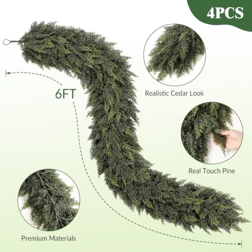 4PCS 6FT Christmas Cedar Garland, Real Touch Soft Greenery Mantel Decor