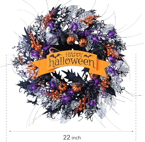 22 Inch Halloween Glitter Pumpkin Spider Wreath for Front Door