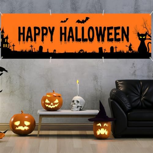 118"x35" Extra Large Happy Halloween Banner Big Spooky Halloween Backdrop for Giant Outdoor Yard Easy Hang with Ropes&Grommets–Perfect for Fence, Porch, Garden, Haunted House Party Signs (Orange Silhouette, 118"x35")