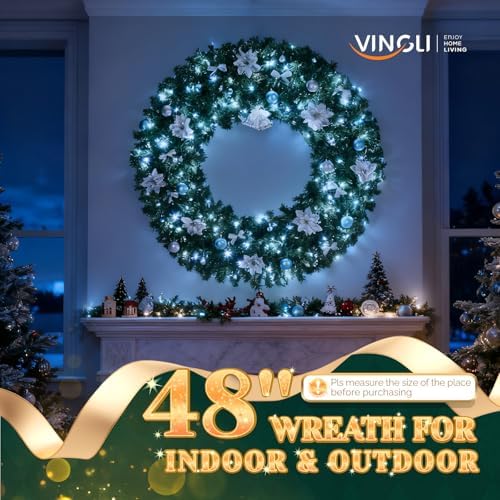 VINGLI 48 Inch Prelit Christmas Wreath Fireplace, Holiday Decor Blue Silver