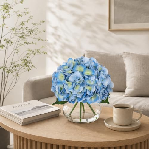 Hollyone Real Touch Hydrangea with Glass Vase Light Blue Full Latex Hydrangeas Artificial Flowers in Vase Lifelike Bouquets Floral Arrangements with Faux Water for Wedding Table Centerpiece Home Decor