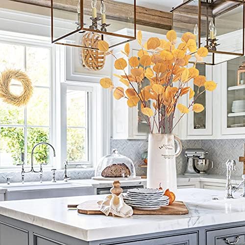 4Pcs Artificial Eucalyptus Leaves Stems 33.8‘’ Eucalyptus Branches Orange Fake Fall Flowers for Home Fireplace Farmhouse Party Wedding Table Bathroom Autumn Décor