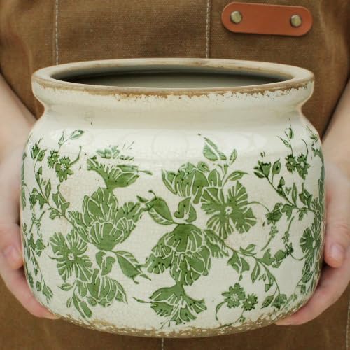 Tuscan Ceramic Planter with Decorative Tray, Plant Lover Gifts for Women