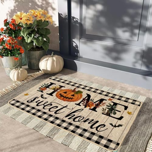 ORTIGIA Halloween Pumpkin Doormat Home Sweet Home Indoor Outdoor Patio Welcome Door Mats Non-Slip Durable Entrance Mat for Home Entrance Outside Entry Yard Floor Patio 17x36 INCH