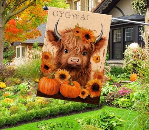 Fall Cow House Flag for Outside 28x40 Inch Double Sided, Burlap Fall Pumpkin Garden Yard Flags for Seasonal Autumn Thanksgiving Holiday Outdoor Decoration