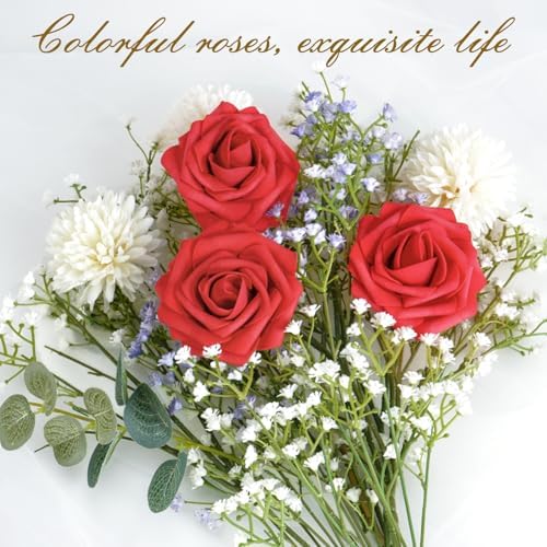 BLEUM CADE 36Pcs Artificial Flowers Fake Foam Roses with Stems for Wedding