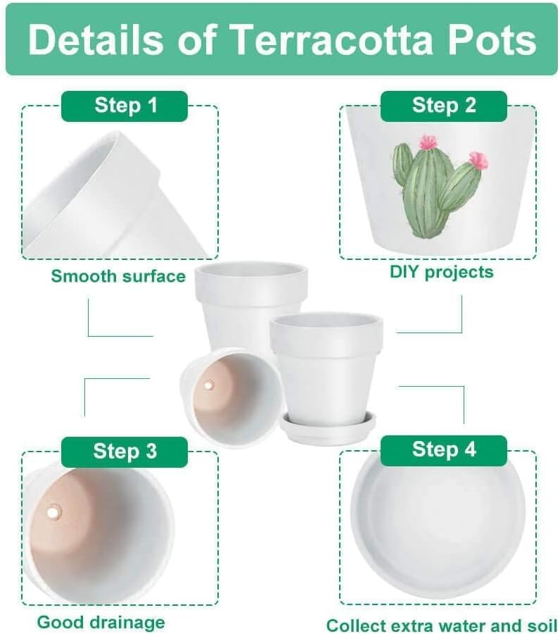 3 Inch White Terracotta & Clay Pots with Saucer, 12 Pack | Clay Flowerpot with Drainage, Nursery pot for succulents