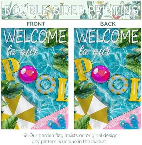 Welcome to Our Pool Garden Flags 12x18 Inch for Outside Summer Pool Party Decor Yard Flag Green Banana Leaves Farmhouse Garden Flag Double Sided for Yard Outdoor Decorations