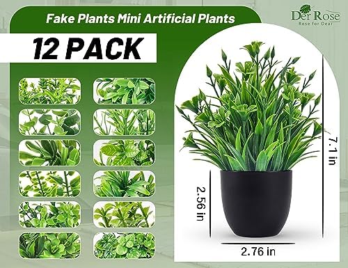Der Rose 12 Pack Mini Fake Plants in Black Pots, 7" Bathroom & Desk Decor