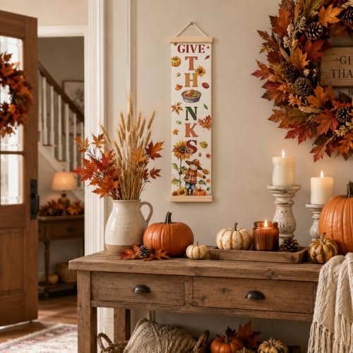 Fall Door Banner, Give Thanks Scarecrow Canvas Banner for Harvest Party